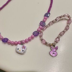 Hello Kitty Bunny Purple Kids Beaded Necklace and Bracelet 2pc Set